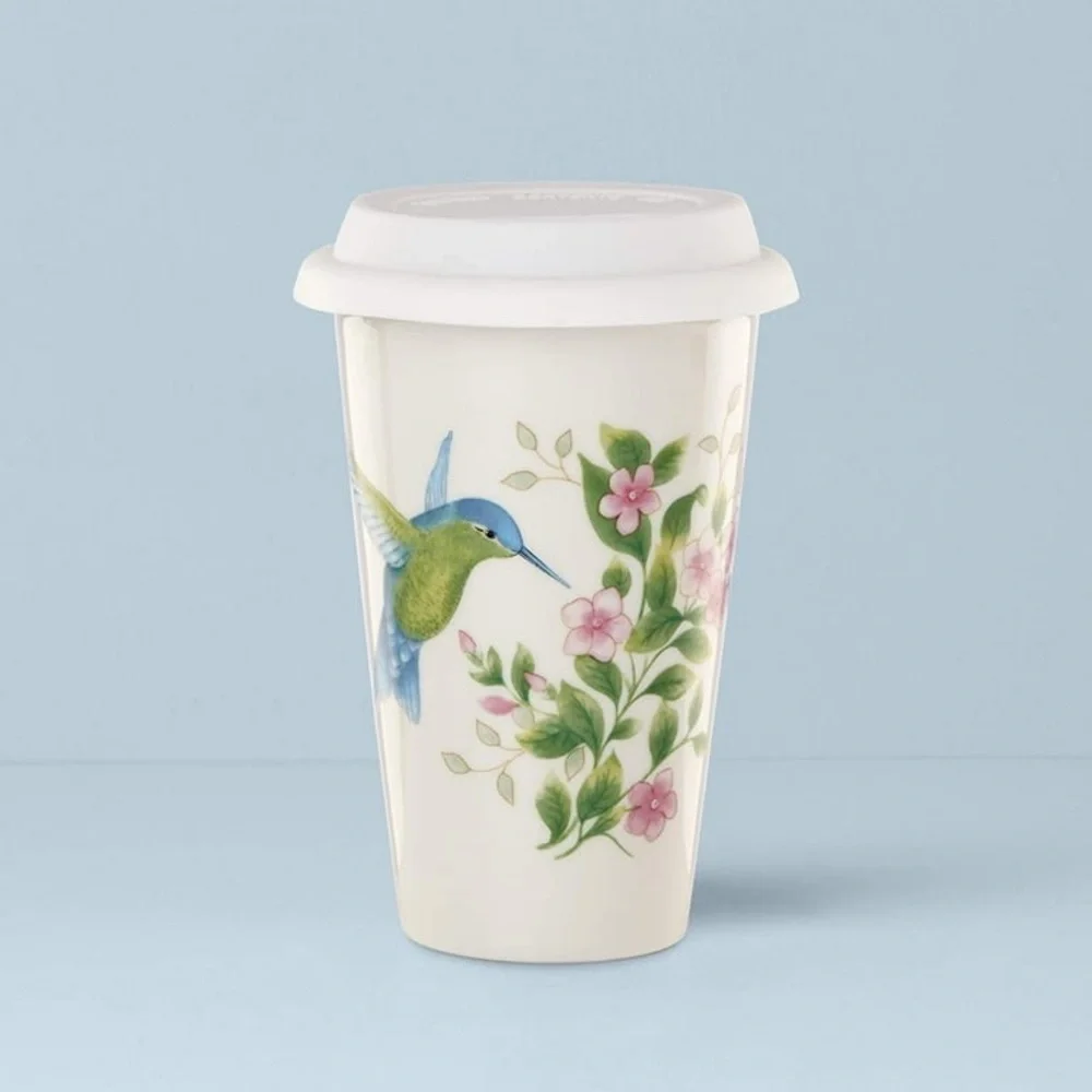 Lenox | Blue and Pink Hummingbird Butterfly Meadow Flutter Thermal Travel Mug